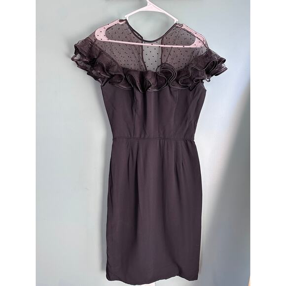 1960s Black Silk Wiggle Dress w/ Swiss Dot Sheer Panel - Picture 1 of 8